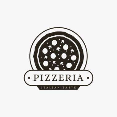 Beyaz arkaplanda klasik zarafet amblemi pizza logo vektör şablonu