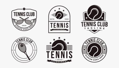 Rozet amblemi, tenis kulübü, turnuva, beyaz arka planda tenis logosu tasarımı vektörü