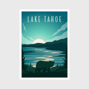 Tahoe Gölü manzara poster tasarımı, göl ve ayı posteri