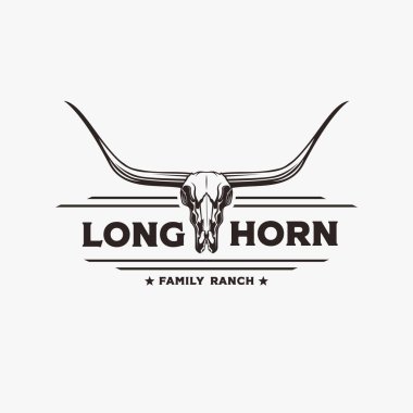 Eski moda batı sığırları, beyaz arka planda Teksas Longhorn marka logo vektörünün kafa kafatası.
