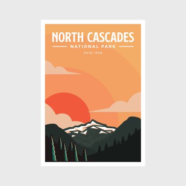 North Cascades Ulusal Parkı poster çizimi, güzel dağ manzarası posteri
