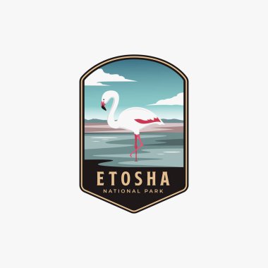 Beyaz arka planda Etosha Ulusal Parkı Logo Yaması tasarım vektörü, Çöl Gölü ve flamingo amblem tasarımı