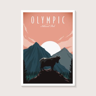 Olympic National Park poster tasarımı, Mountain Goat ve dağ manzarası poster tasarımı.