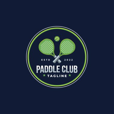 Rozet amblemi Paddle Tenis Kulübü logosu tasarımı, raket ve koyu arkaplanda top vektörü