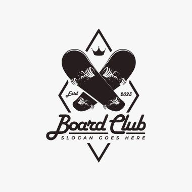 Klasik kaykay logosu, kaykay dükkanı, beyaz arka planda kaykay kulübü vektörü.