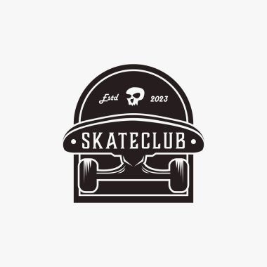 Klasik kaykay logosu, kaykay dükkanı, beyaz arka planda kaykay kulübü vektörü.