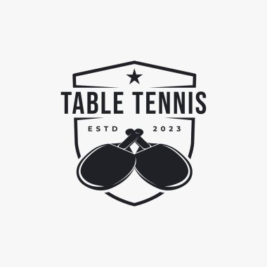 Klasik rozet amblemi masa tenisi logosu, pinpon, masa tenisi kulübü vektörü koyu arkaplanda.