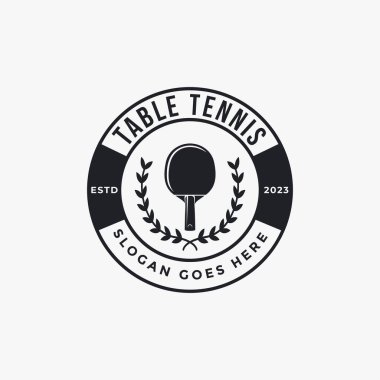 Klasik rozet amblemi masa tenisi logosu, pinpon, masa tenisi kulübü vektörü koyu arkaplanda.