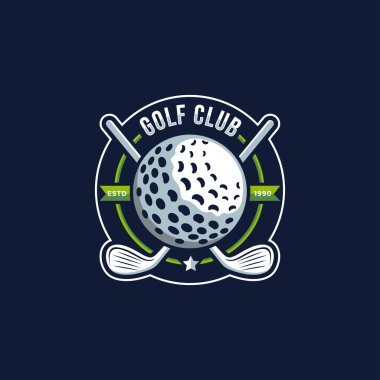 Rozet amblemi golf sopası, golf topu amblemi ve arka planda golf sopası vektörü.