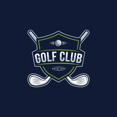 Rozet amblemi golf sopası, kalkanlı golf şampiyonası logosu ve koyu arkaplanda golf sopası vektörü.
