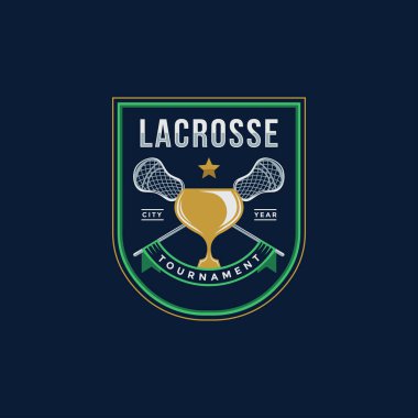 Lakros logosunu lacrosse sopasıyla mühürle ve koyu arkaplanda kupa kupa vektör simgesi