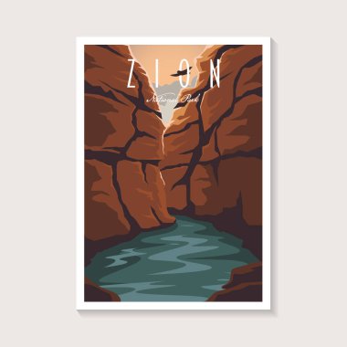 Zion Ulusal Parkı poster çizimi, kanyon ve nehir poster tasarımı