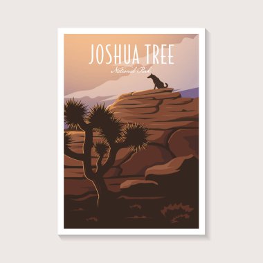 Joshua Tree Ulusal Parkı poster çizimi, kanyon ve çakal çöl poster tasarımı