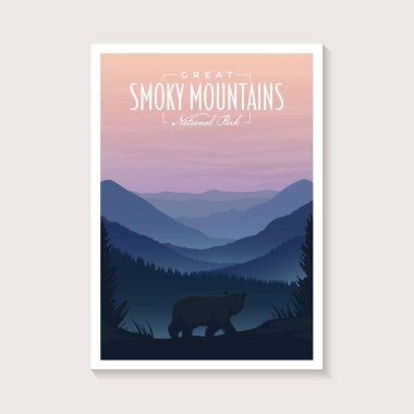 Great Smoky Dağları Ulusal Park modern poster illüstrasyon tasarımı, güzel manzara dağ posteri tasarımı