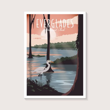 Everglades Ulusal Parkı poster çizimi, Leylek ve timsah posterli Güzel Bataklık manzarası