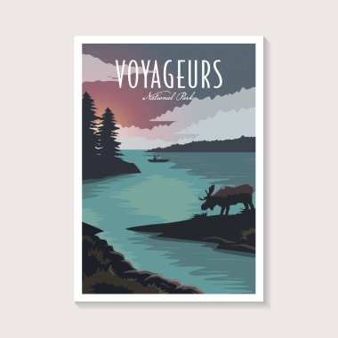 Voyageurs Ulusal Parkı poster illüstrasyonu, Güzel Göl manzarası ve geyik posteri tasarımı