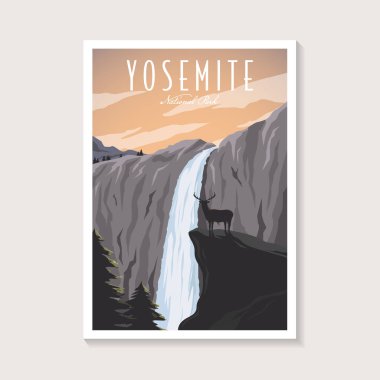 Yosemite Ulusal Parkı poster çizimi, Geyik güzel şelale manzarası poster tasarımı