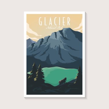 Buzul Ulusal Parkı poster çizimi, Güzel Dağ gölü manzarası ve dağ keçisi poster tasarımı