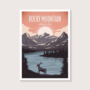 Rocky Dağı Ulusal Parkı poster çizimi, güzel nehir gölü dağ manzarası poster tasarımı