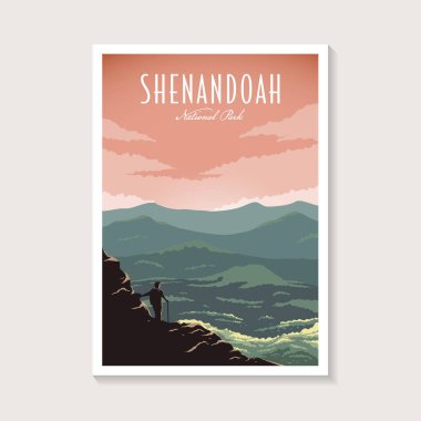 Shenandoah Ulusal Parkı poster illüstrasyonu, dağlık alanda yürüyüş yapan güzel bir poster tasarımı.
