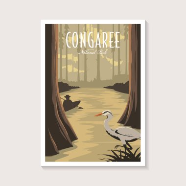 Congaree Ulusal Parkı poster illüstrasyonu, nehir ormanı manzarası poster tasarımı