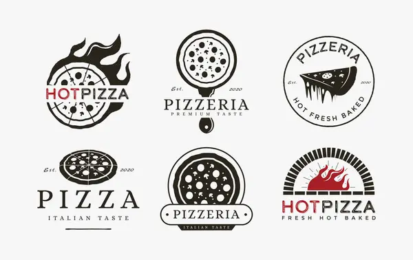 Beyaz arkaplanda Klasik Etiket Amblem Pizza Logo tasarım vektörü kümesi