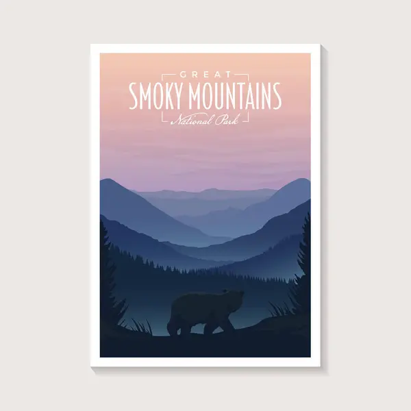 Great Smoky Dağları Ulusal Park modern poster illüstrasyon tasarımı, güzel manzara dağ posteri tasarımı
