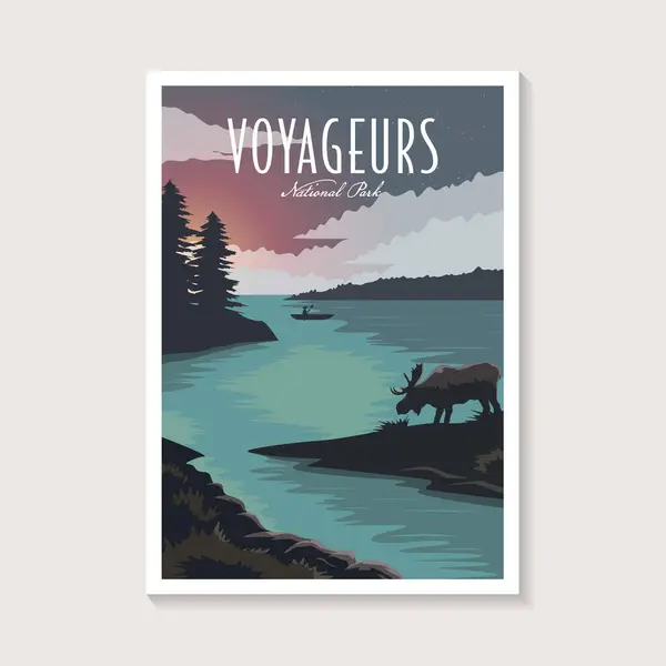 Voyageurs Ulusal Parkı poster illüstrasyonu, Güzel Göl manzarası ve geyik posteri tasarımı