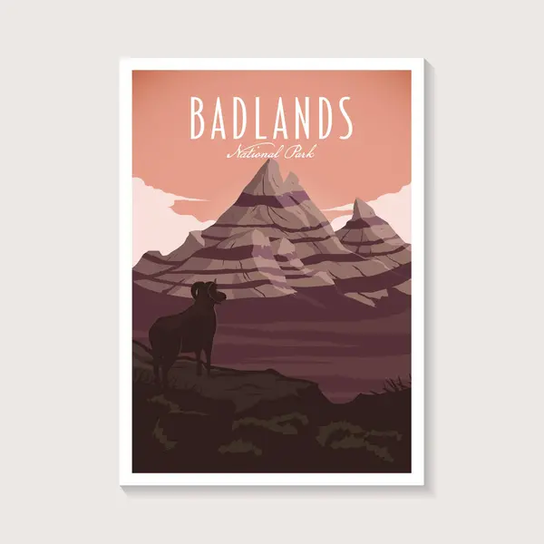 Badlands Ulusal Parkı poster illüstrasyonu, dağ manzarasında büyük boynuzlu koyun keçisi poster tasarımı