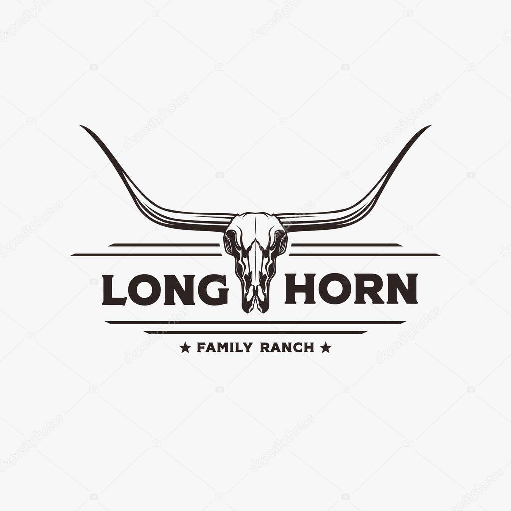 Vintage retro western cattle, head skull of Texas Longhorn label logo vector on white background