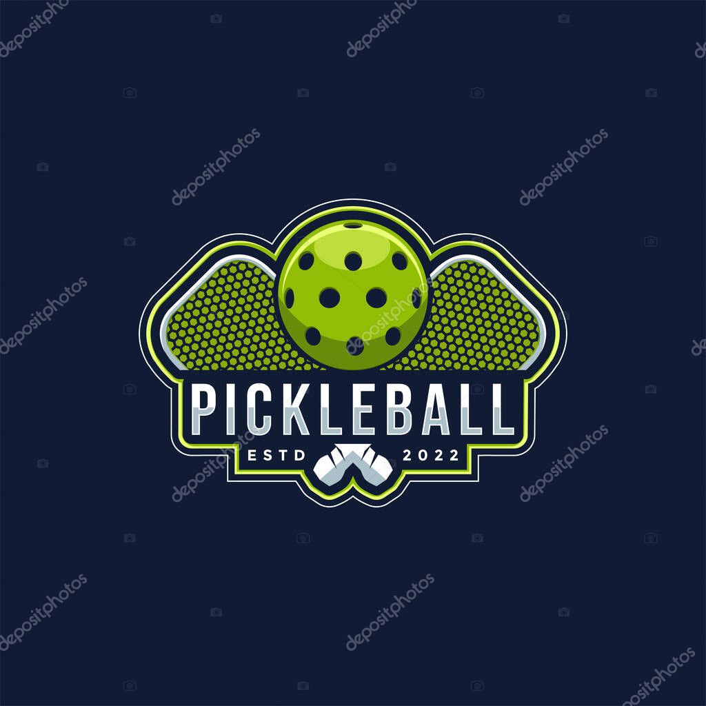 Emblem badge Pickleball club logo design, pickleball racket and ball icon vector on white background