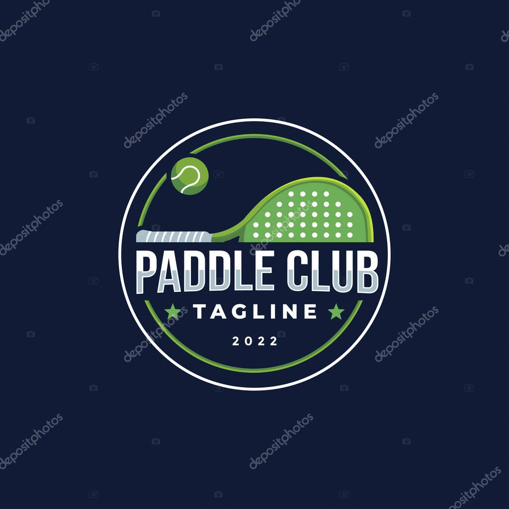 Badge emblem Paddle Tennis club logo design, paddle racket and ball vector on dark background