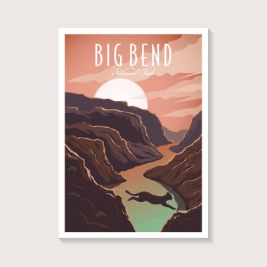 Big Bend Ulusal Parkı poster illüstrasyonu, River Canyon manzara poster tasarımı