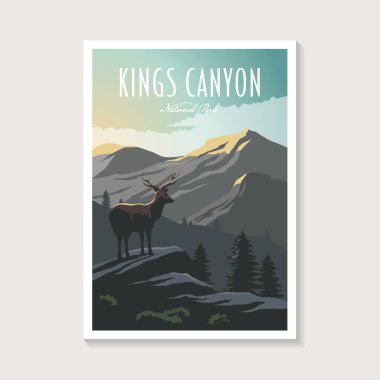 Kings Canyon Ulusal Parkı poster illüstrasyonu, geyik dağı tepe manzarası poster tasarımı