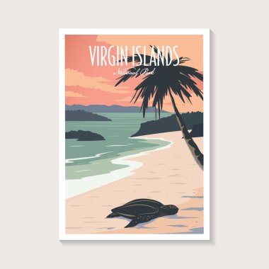 Virgin Adaları Ulusal Park poster illüstrasyonu, Güzel kaplumbağa ve sahil manzarası poster tasarımı