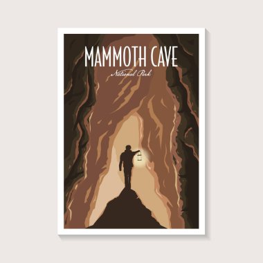 Mamut Mağarası Ulusal Parkı poster illüstrasyonu, mağara kaşifi poster tasarımı