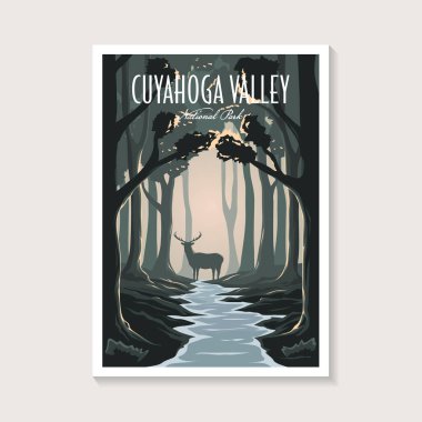 Cuyahoga Vadisi Ulusal Parkı poster illüstrasyonu, derin orman geyiği manzarası poster tasarımı