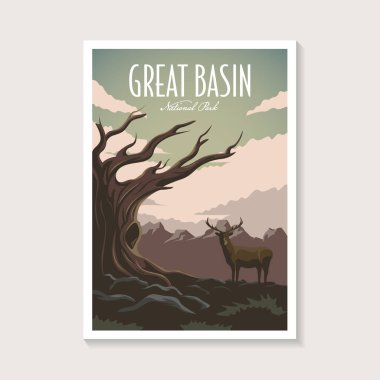 Büyük Havza Ulusal Parkı poster çizimi, geyik geyiği eski büyük ağaç poster tasarımı