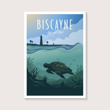 Biscayne Ulusal Parkı poster illüstrasyonu, deniz kaplumbağası sualtı dalış poster tasarımı