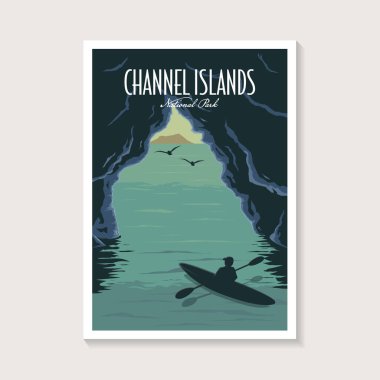 Channel Adaları Ulusal Parkı poster illüstrasyonu, Deniz Mağarası poster tasarımında Kano