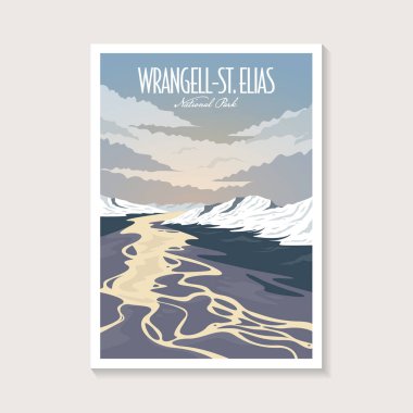 Wrangell Saint Elias Ulusal Parkı poster illüstrasyonu, buz dağı ve nehir poster tasarımı