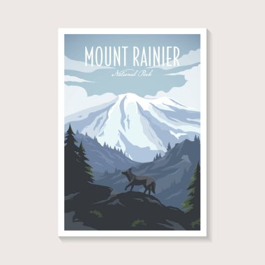 Rainier Dağı Ulusal Parkı poster illüstrasyonu, dağ manzarası poster tasarımının zirvesi