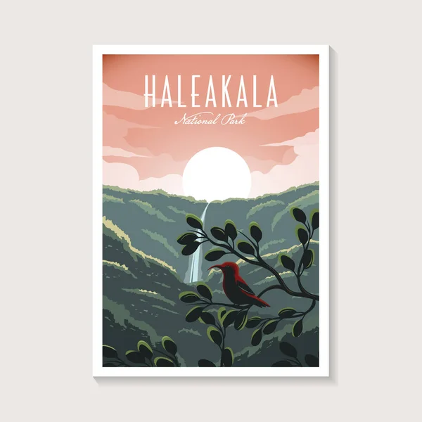 Haleakala Ulusal Parkı poster illüstrasyonu, şelale orman manzarası poster tasarımı