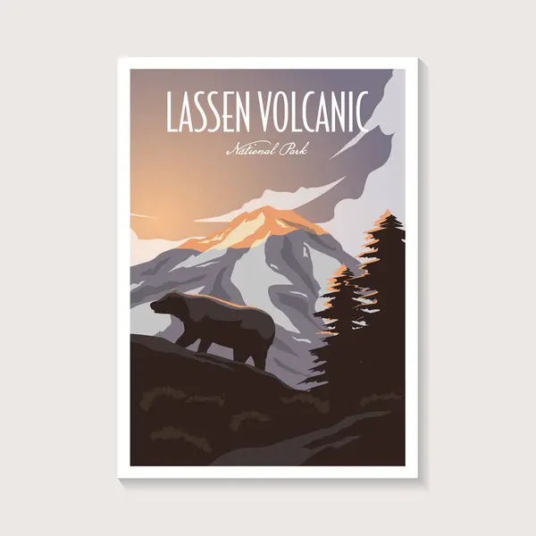 Lassen Volkanik Ulusal Park poster çizimi, dağ ayısı poster tasarımı