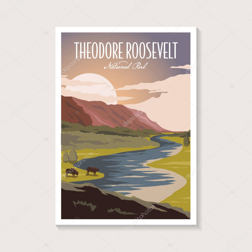 Theodore Roosevelt National Park poster illustration, beautiful river scenery poster design