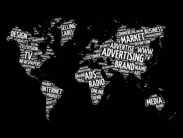 Reklama Słowa Chmura Kształcie Mapy Świata Tło Koncepcji Biznesu — Wektor stockowy