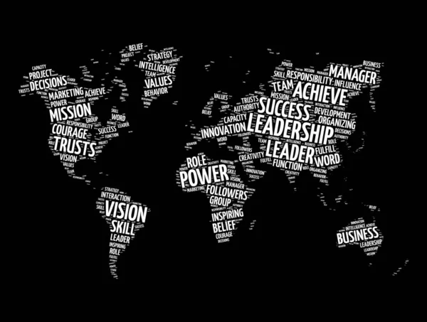 Leadership Słowo Chmura Kształcie Mapy Świata Tło Koncepcji Biznesu — Wektor stockowy