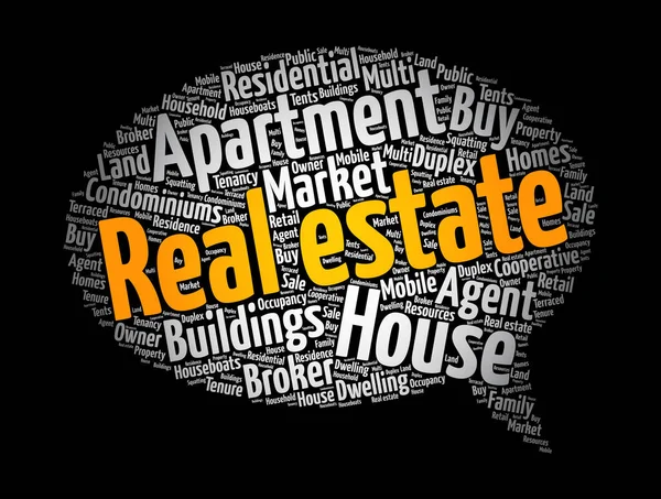 Real Estate Zpráva Bublina Slovo Oblak Koláž Obchodní Koncept Pozadí — Stockový vektor