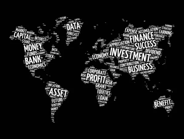 Inwestycje Słowo Chmura Kształcie Mapy Świata Tło Koncepcji Biznesu — Wektor stockowy