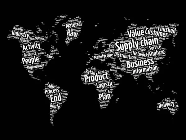 Łańcuch Dostaw Słowo Chmura Kształcie Mapy Świata Tło Koncepcji Biznesu — Wektor stockowy